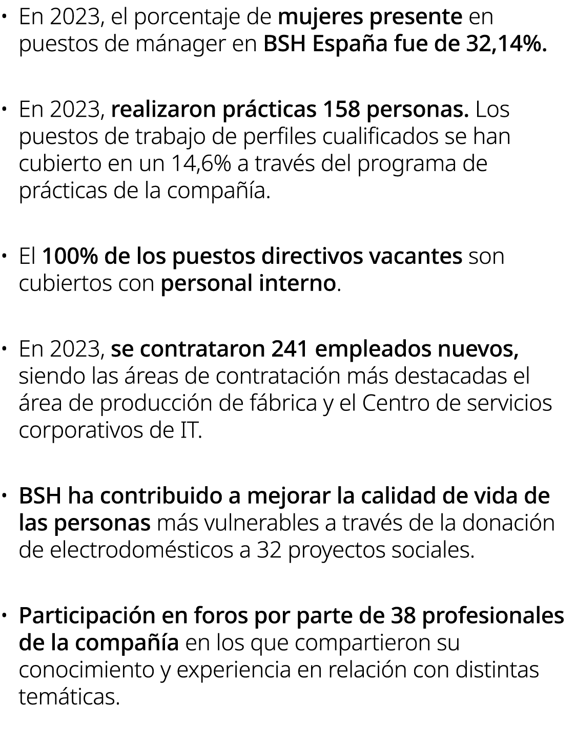 • En 2023, el porcentaje de mujeres presente en puestos de m nager en BSH Espa a fue de 32,14%. • En 2023, realizaron...